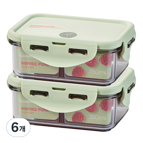 락앤락 비스프리 퓨어 직사각 칸칸이 밀폐용기 라이트그린 350ml, 6개, 밀폐용기 2p