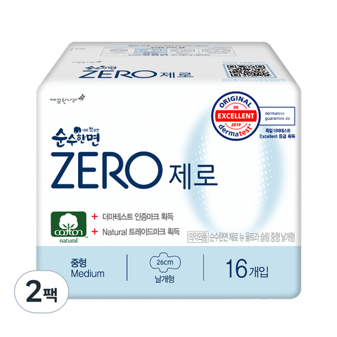 순수한면 제로 생리대 날개형 중형 × 16개입 × 2개, 사이즈 × 개당 수량 × 수량 섬네일