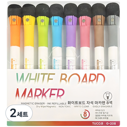 투코비 화이트보드 자석 마카펜 8색 G-208, 오렌지, 옐로우, 그린, 블루, 퍼플, 레드, 브라운, 블랙, 16개