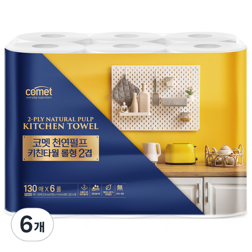 코멧 천연펄프 키친타월 롤형 2겹 130매, 6개, 6롤