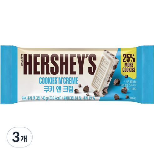 허쉬 쿠키 앤 크림 초콜릿, 40g, 3개