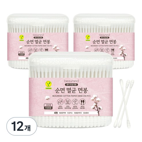 뷰렌드 비건 순면 멸균 종이 면봉, 350개입, 12개