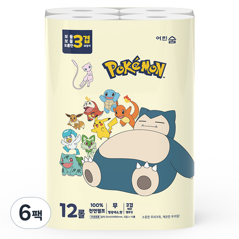 어린숨 포켓몬 3겹 데코 천연펄프 화장지, 25m, 12롤, 6개