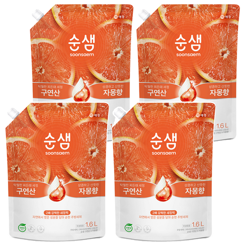 순샘 구연산 자몽 주방세제 리필, 1.6L, 4개