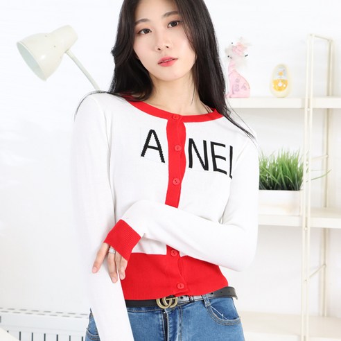 페이퍼먼츠 여성용 아넬 레터링 배색 라인 데일리 가디건 6099