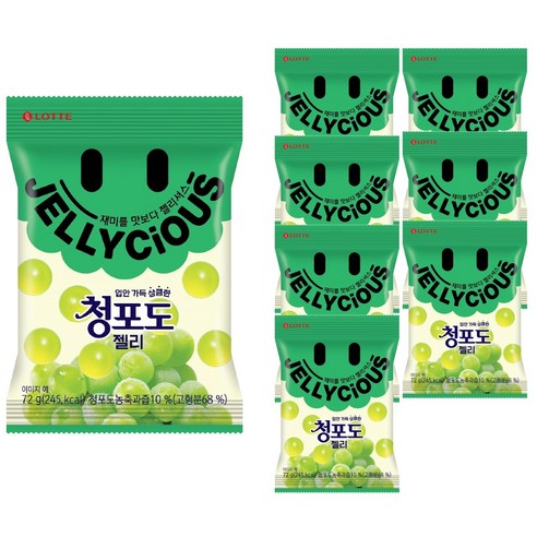 롯데웰푸드 젤리셔스 청포도 젤리, 72g, 10개