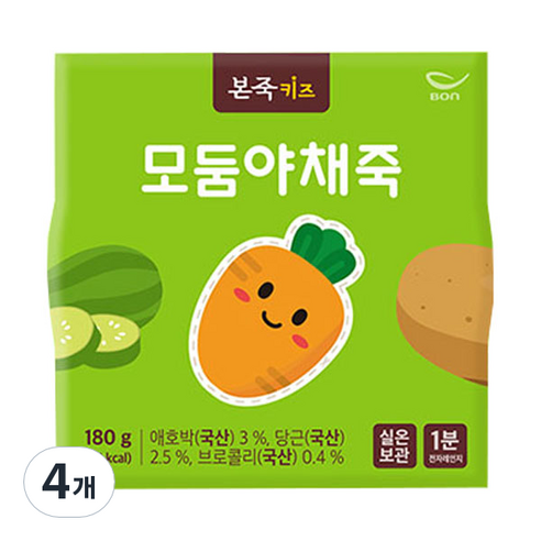 본죽 키즈 모둠 야채죽 180g, 혼합맛(애호박/당근/브로콜리), 4개