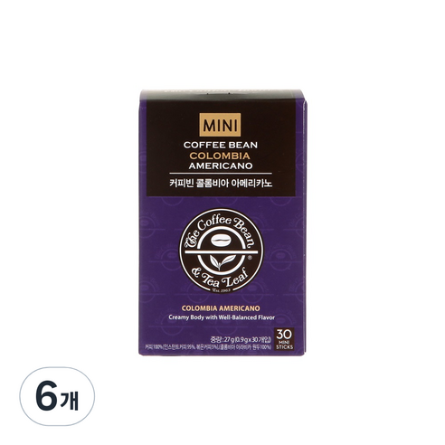 커피빈 콜롬비아 아메리카노 스틱커피 미니, 30개입, 6개, 0.9g