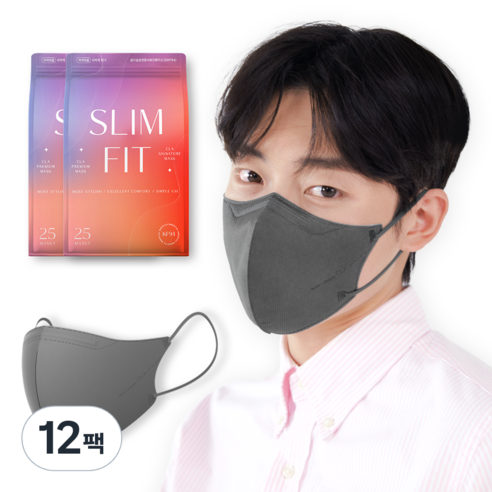 CLA 슬림핏 KF94 라이트패키지 보건용 컬러 새부리형 대형 마스크, 25개입, 12개, 딥그레이