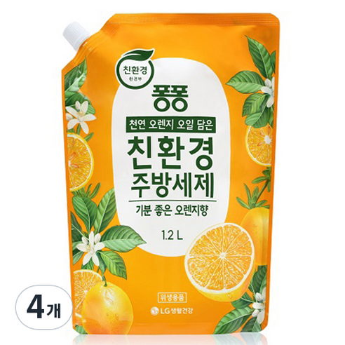 퐁퐁 친환경 주방세제 오렌지향 리필, 4개, 1.2L