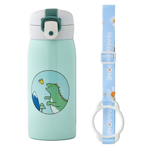 코코메이트 보온 보냉 공룡 텀블러 + 스트랩 세트, 민트 + 랜덤 발송, 350ml, 1세트
