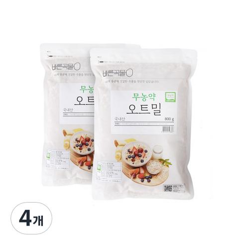바른곡물 국내산 무농약 오트밀, 800g, 4개