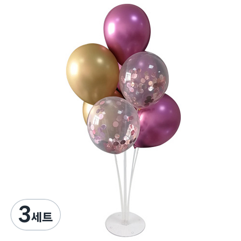 와우파티코리아 풍선꽂이 세트, 크롬 골드 연보라 핑크 컨페티, 3세트
