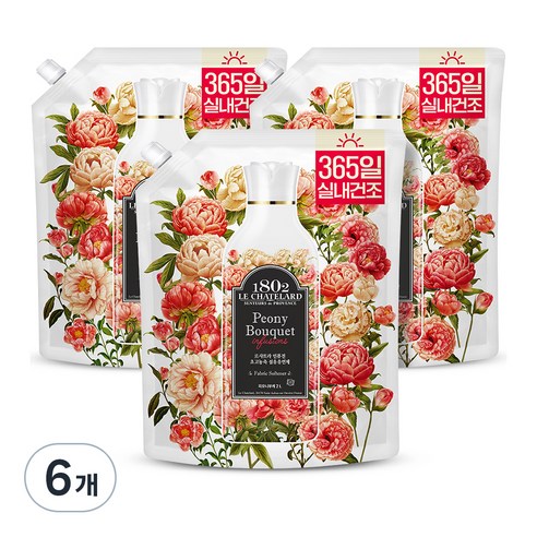 르샤트라1802 인퓨전 초고농축 실내건조 섬유유연제 피오니부케향 리필, 2L, 6개