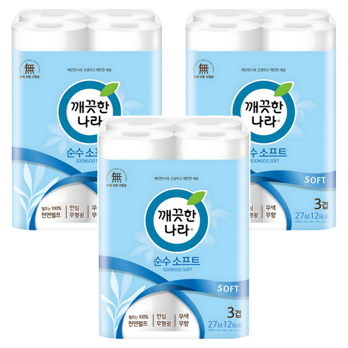 깨끗한나라 순수 소프트 천연펄프 3겹 고급롤화장지, 27m, 12개입, 3개