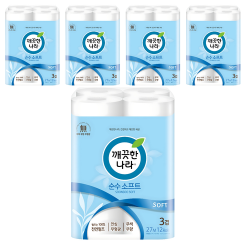 깨끗한나라 순수 소프트 천연펄프 3겹 고급롤화장지, 27m, 12개입, 5개