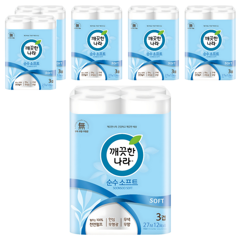 깨끗한나라 순수 소프트 천연펄프 3겹 고급롤화장지, 27m, 12개입, 6개