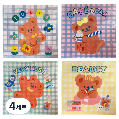 미미파티 귀여운 곰돌이 다용도 지퍼백 포장 봉투세트 40p, 귀여운 체크 믹스, 4세트