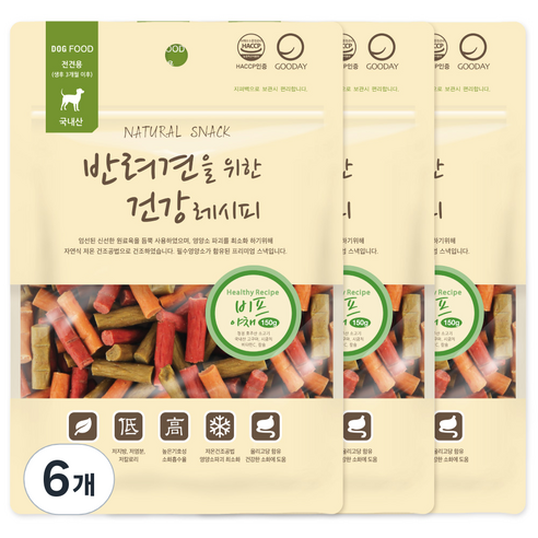 굿데이 반려견을 위한 건강 레시피 간식, 비프 + 야채 혼합맛, 150g, 6개