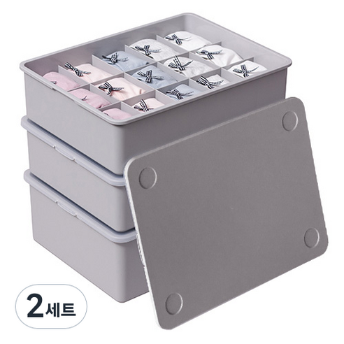 이즈리빙 칸칸칸 속옷 정리함 1칸 1p + 10칸 1p + 15칸 1p 세트, 그레이 + 그레이 뚜껑, 2세트