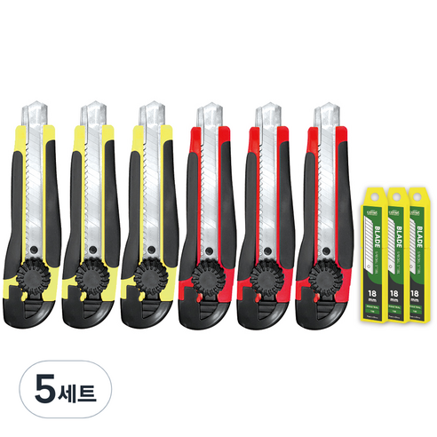 코멧 전문가용 잠금식 대형 스크류 러버 커터칼 6개 + 칼날 30개 세트, 혼합색상, 5세트