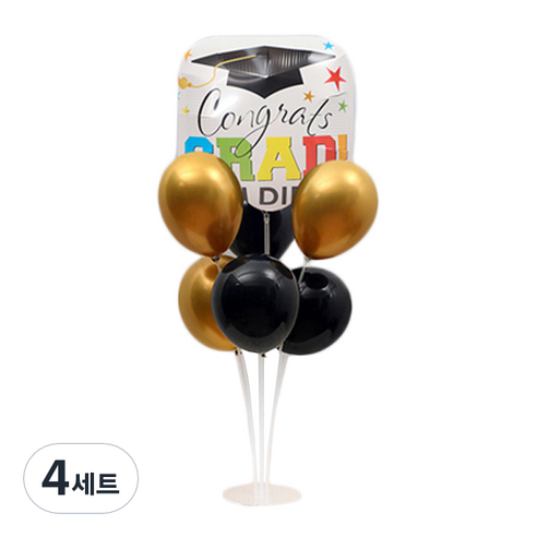 원형 풍선 2종 x 3p + 졸업 사각 풍선 + 풍선꽂이 세트, 골드, 블랙(원형 풍선), 화이트(졸업 풍선), 4세트
