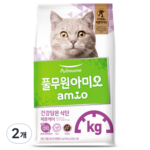 풀무원아미오 고양이 건강담은 식단 기능성 사료, 다이어트(체중관리), 1kg, 2개
