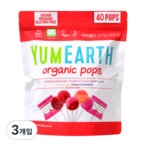 야미얼스 유기농 막대사탕 240g, 혼합맛(망고/포도/블루베리/딸기/석류), 3개입