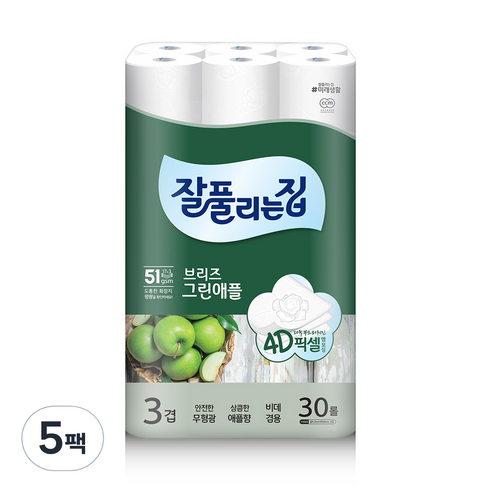잘풀리는집 브리즈 그린애플 3겹 데코 화장지 25m, 30롤, 5팩