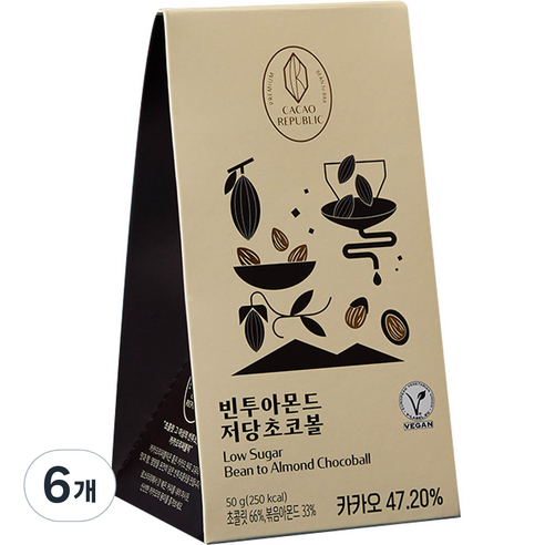 카카오리퍼블릭 빈투 아몬드초코볼 무설탕 비건 다크 초콜릿, 50g, 6개