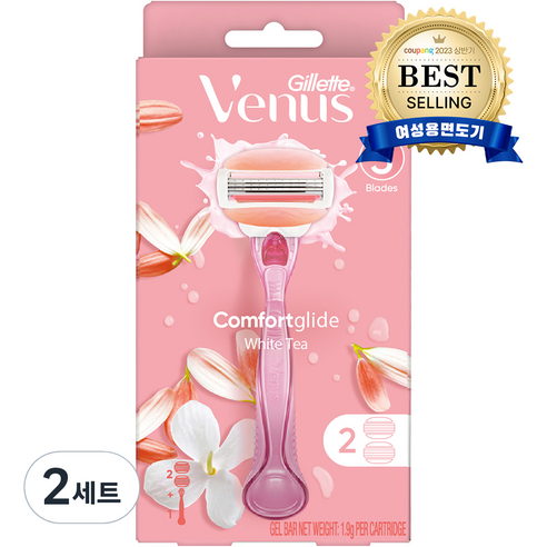 Venus 컴포트 글라이드 화이트티 여성용 면도기 핸들1입 + 면도날2입, 2세트