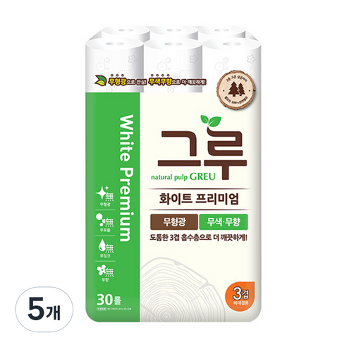 그루 화이트 프리미엄 화장지, 30개입, 5개