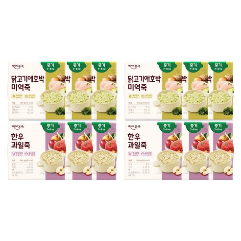 베이비본죽 실온 중기 이유식 2종 x 3p 세트, 한우 + 과일 혼합맛, 닭고기 + 애호박 + 미역 혼합맛, 180g, 2세트