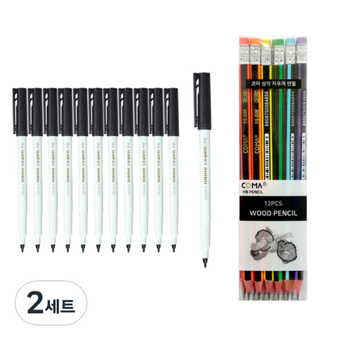 동아 네임CD펜 12p + 투코비 삼각 지우개 연필 SG-208 12p 세트, 흑색(CD펜), 혼합색상(지우개연필), 2세트