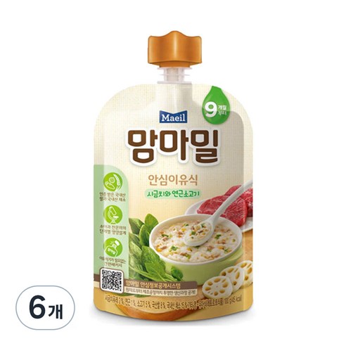 맘마밀 안심 이유식 9개월부터 100g, 6개, 시금치와 연근소고기