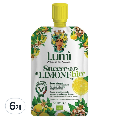 LUMI 유기농 레몬 착즙주스 착즙원액, 6개, 90ml