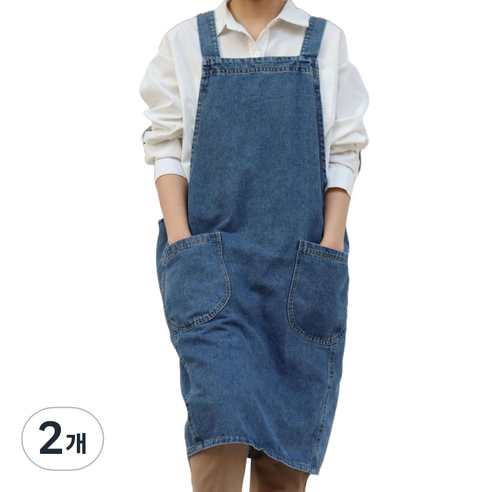 더블톤 카페 패션 롱 데님 앞치마, 진청, 2개