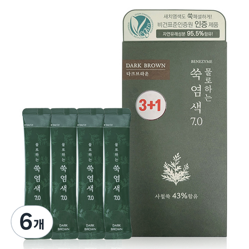 베네자임 물로하는 쑥염색 7.0 염색약 10g 4p, 6개, 다크브라운