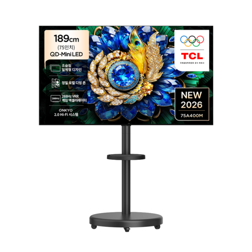 TCL 4K QD Mini LED 초슬림 프리미엄 TV + 대형 무빙 스탠드 매트 블랙 세트, 75A400M(TV), MSD58B(스탠드), 방문설치, 이동형 스탠드, 189cm(75인치)