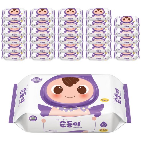 순둥이 프리미엄 엠보싱 물티슈 캡형, 70매, 30팩