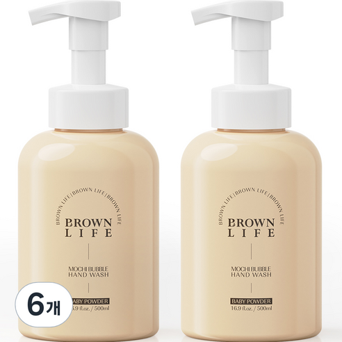 브라운 라이프 대용량 저자극 모찌 버블 핸드워시 베이비파우더향, 500ml, 6개
