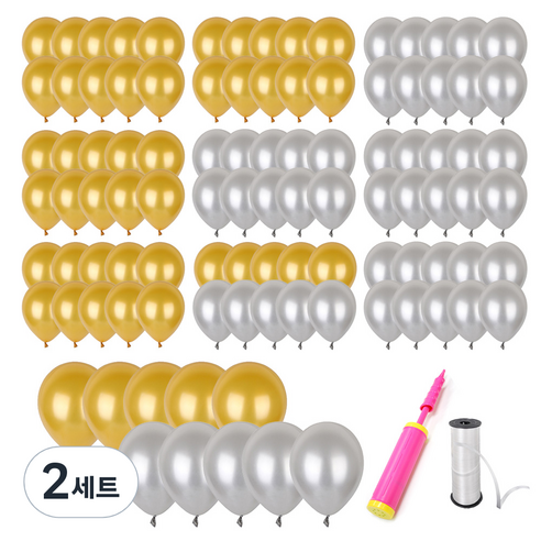 파티쇼 헬륨효과 네오 펄풍선 30cm 2종 x 50p + 손펌프 + 컬링리본 화이트 소 세트, 실버, 골드, 2세트
