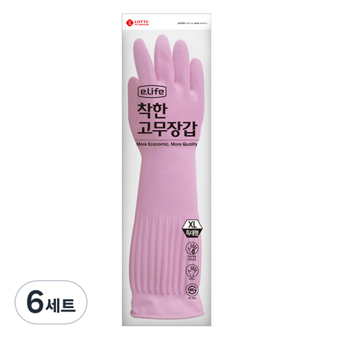 롯데이라이프 착한 고무장갑 양손 세트, 핑크, 6세트, 특대(XL)