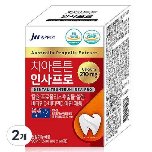 JW중외제약 치아튼튼 인사프로 칼슘 프로폴리스추출물 셀렌 비타민C 비타민D 아연 치아 영양제 90g, 2개, 60정