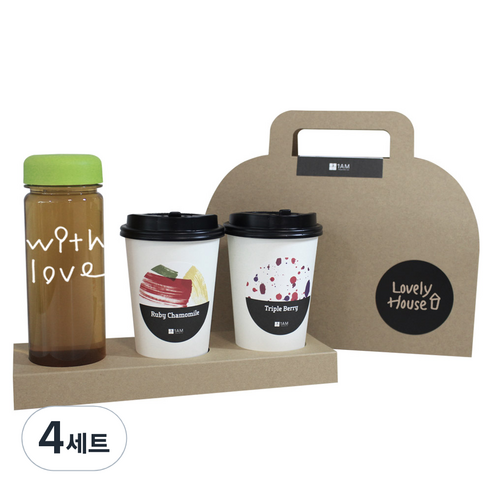 1AM 쥬뗌므 프리미엄 크라프트 with love 보틀 블랜딩 차세트 연두뚜껑, 패키지 + 티백세트(테이크아웃잔 2p + 얼그레이 블라썸 3p + 트리플 베리 3p) + with love 보틀 스티커 + 트라이탄 보틀 + Lovely H 패키지 스티커, 4세트