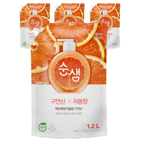 순샘 구연산 자몽 주방세제 리필, 1.2L, 4개