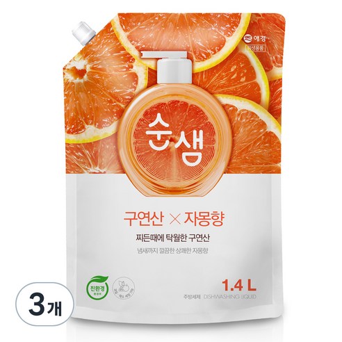 순샘 구연산 자몽 주방세제 리필, 1.4L, 3개
