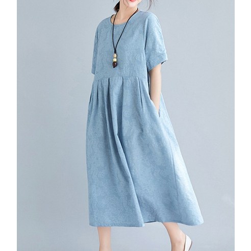 편안함과 세련미를 겸비한 유니제이 지젤라 린넨 플라워패턴 반팔 원피스