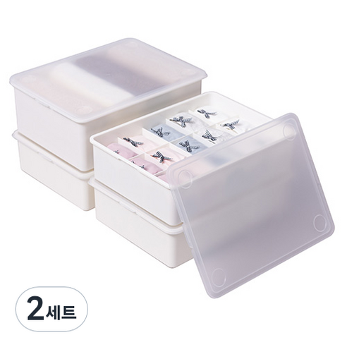 이즈리빙 플라스틱 속옷정리함 아이보리 반투명뚜껑 1칸 1p + 10칸 1p + 15칸 2p 세트, 아이보리 + 반투명 뚜껑, 2세트