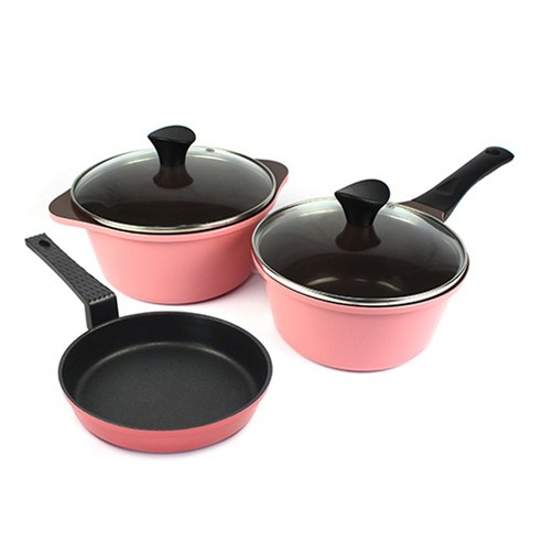 키친아트 국산 본 세라믹 냄비 후라이팬 3종세트, 핑크 + 블랙, 편수냄비 18cm + 양수냄비 20cm + 에그팬 16cm